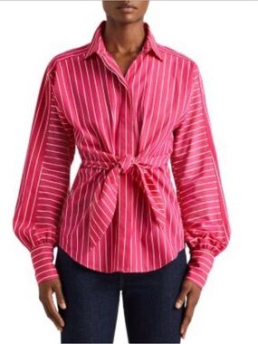 Ralph Lauren Striped Tie-Waist Button-Front Top - Pink